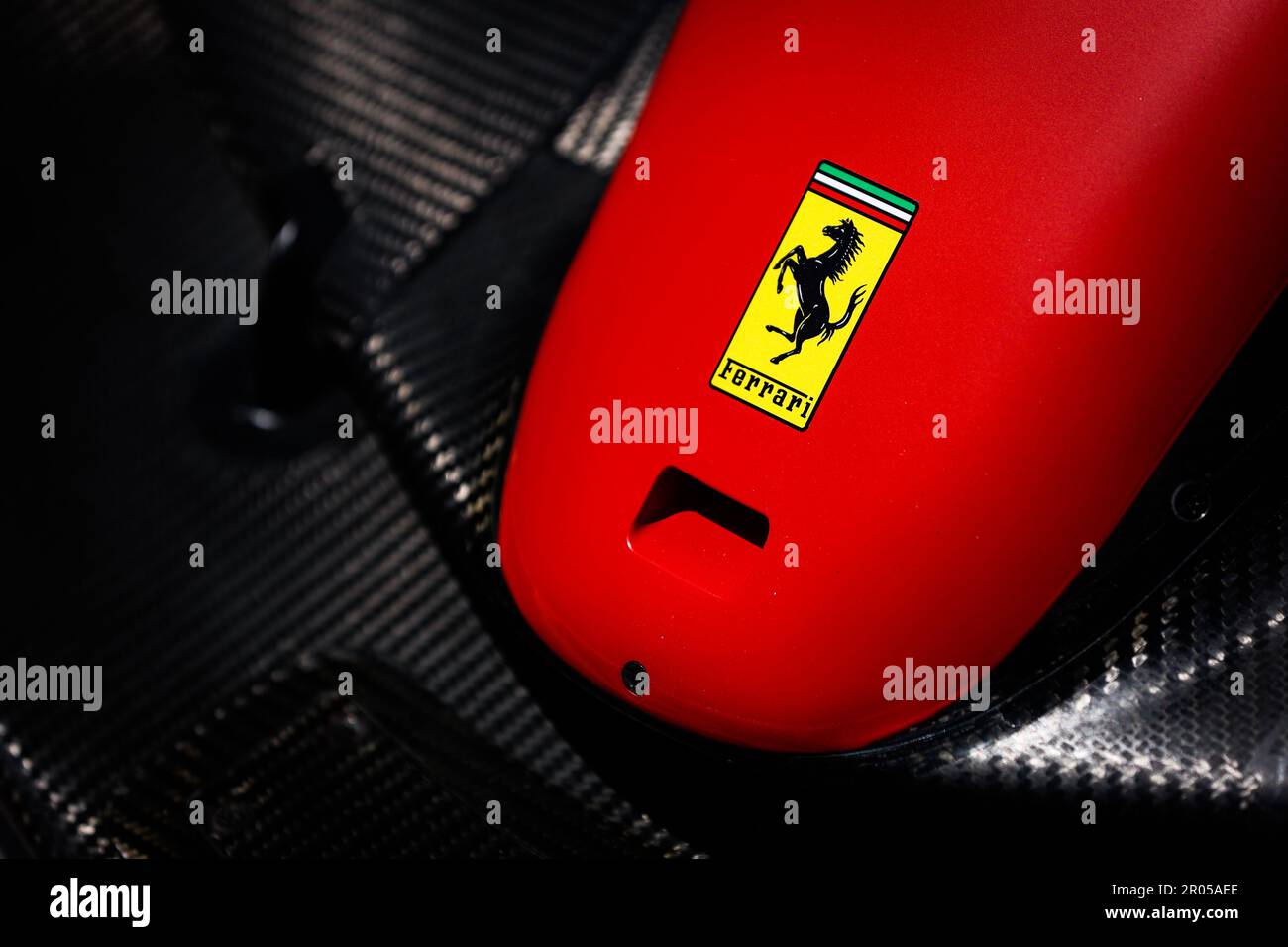 Scuderia Ferrari SF-23, mechanical detail, front wing, logo during the Formula 1 Crypto.com Miami Grand Prix 2023, 5th round of the 2023 Formula One World Championship from May 05 to 07, 2023 on the Miami International Autodrome, in Miami Gardens, Florida, United States of America - Photo: Antonin Vincent/DPPI/LiveMedia Stock Photo