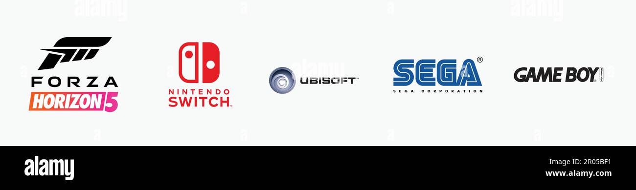 Forza Horizon 5 Logo, sega Logo, Game Boy Logo, Ubisoft Logo, Nintendo Switch Logo. Game vector logo illustration. Isolated vector logo on white Stock Vector