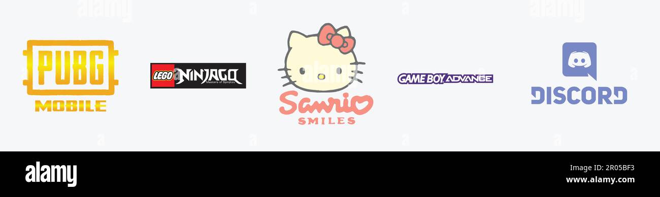 Discord Logo, PUBG MOBILE Logo, Lego Ninjago Logo, Game Boy Advance Logo, Sanrio Smiles Logo. Game vector logo illustration. Stock Vector