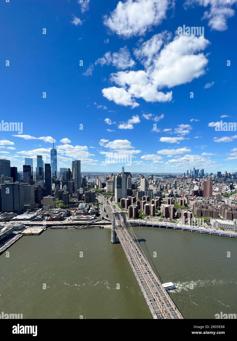 Aerial view of Brooklyn Bridge in New York City on May 6, 2023 Stock