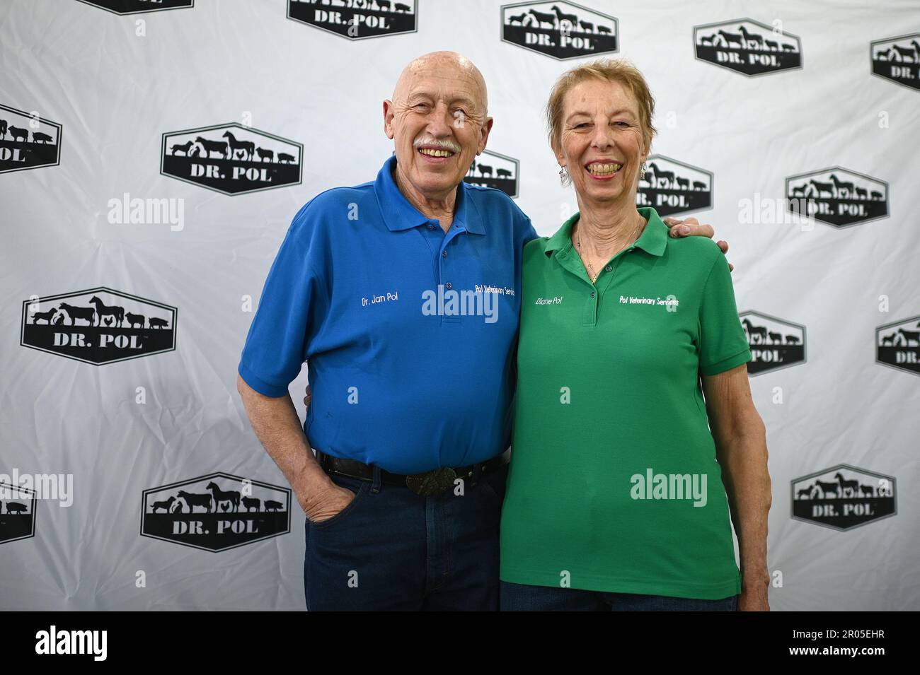 New York, USA. 06th May, 2023. TV star and and animal veterinarian Dr. Jon  Pol (l) and his wife Diane Pol pose during Canine Celebration Day events  during the 147th Westminster Kennel