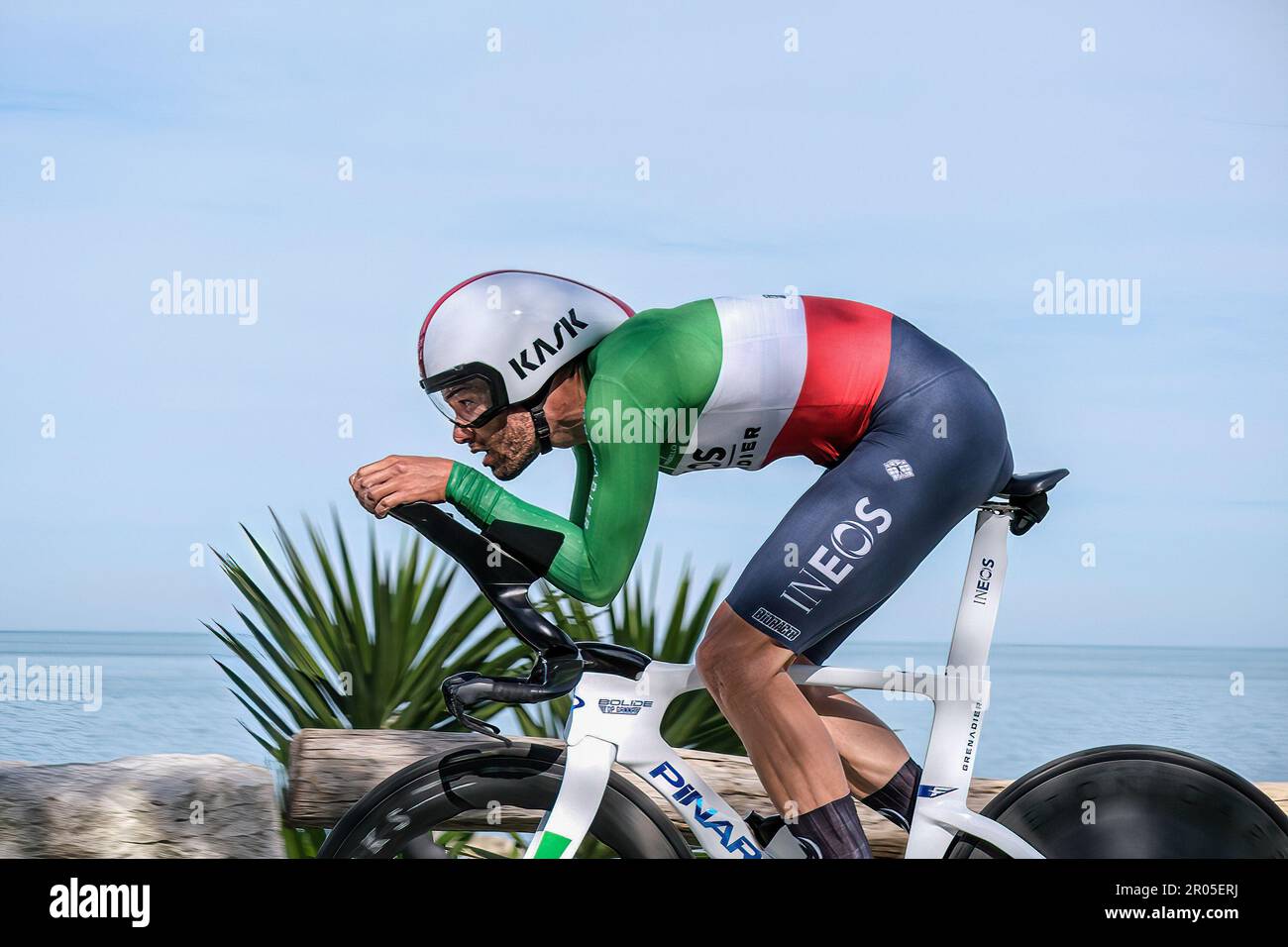 Fossacesia, Italy. 06th May, 2023. Filippo Ganna of Italy and Team INEOS  Grenadiers sprints during the Stage 1 of the 106th Giro d'Italia 2023 at  Costa dei Trabocchi. (Photo by Elena Vizzoca/SOPA