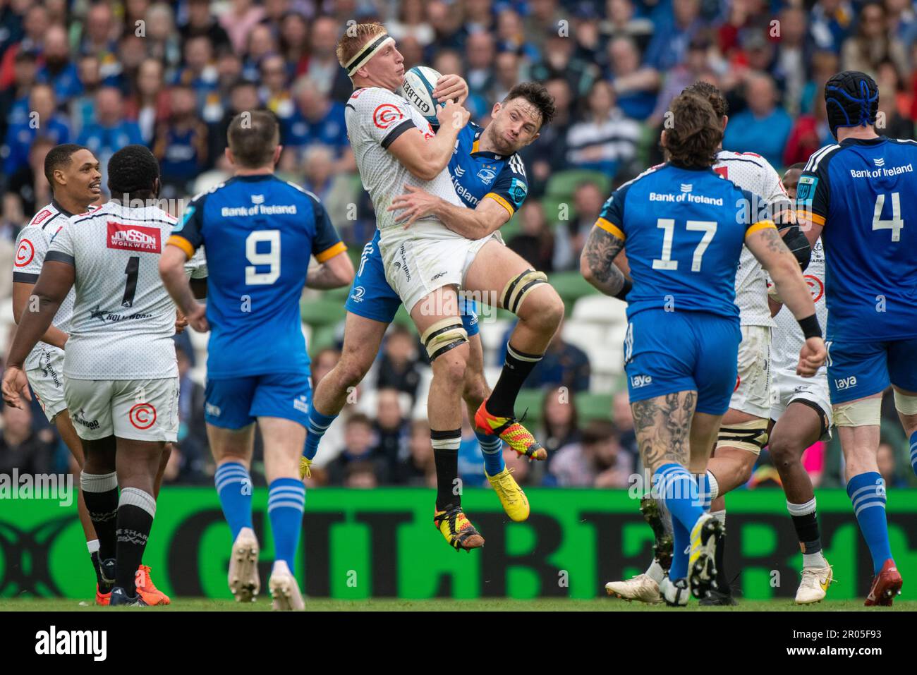Dublin, Ireland. 06th May, 2023. Hugo Keenan of Leinster jumps for the ...