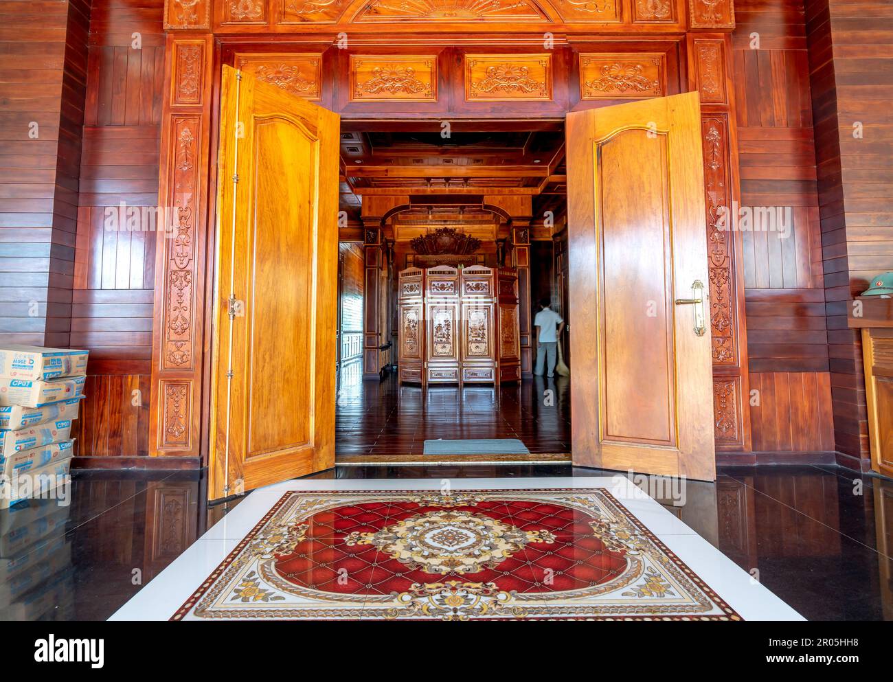 A view of the interior of a room decorated entirely with wood in ...