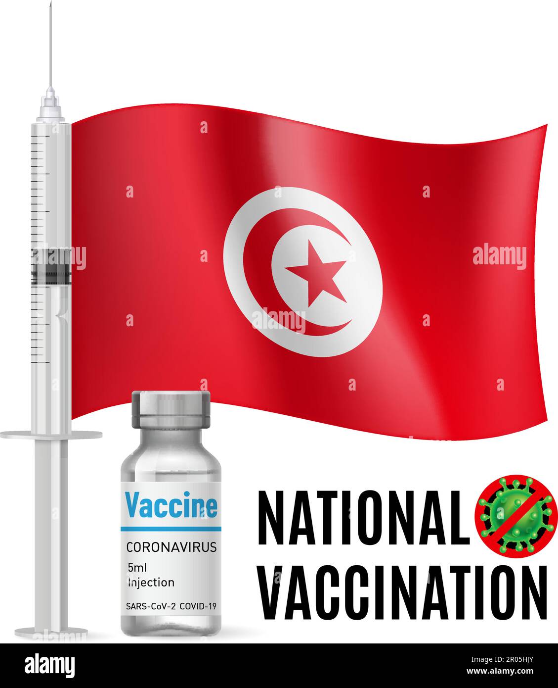 Flag of Tunisia with Vaccine Immunization Syringe and the Vial of Antibiotic for Vaccination. Concept of Health Care and National Vaccination with Tun Stock Vector