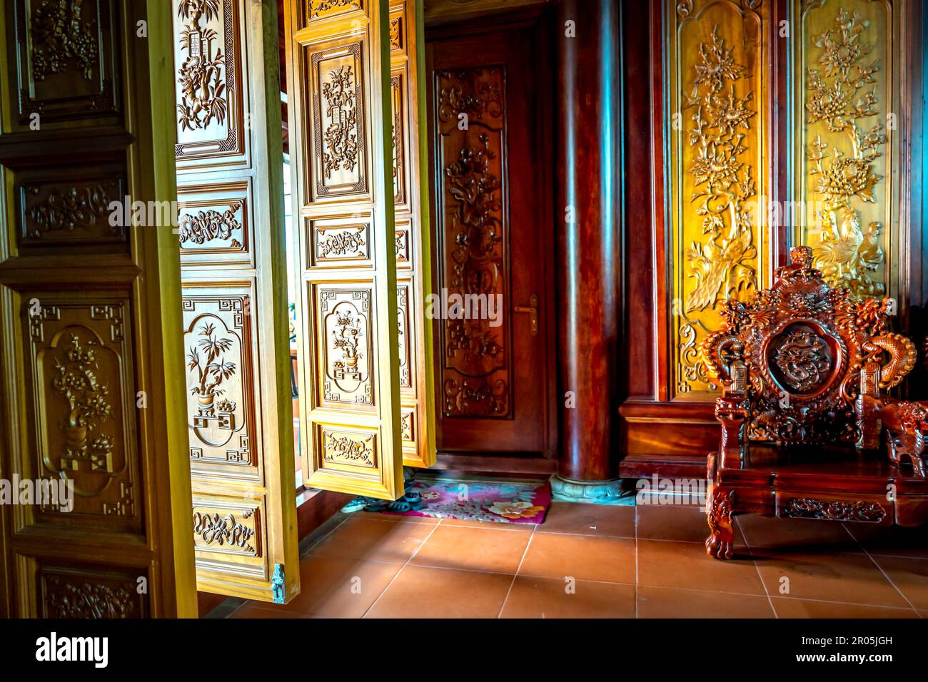 A view of the interior of a room decorated entirely with wood in ...