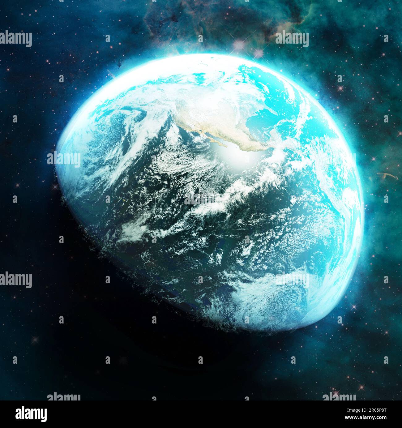 Earth, planet or world with glow in space for astronomy study, science ...