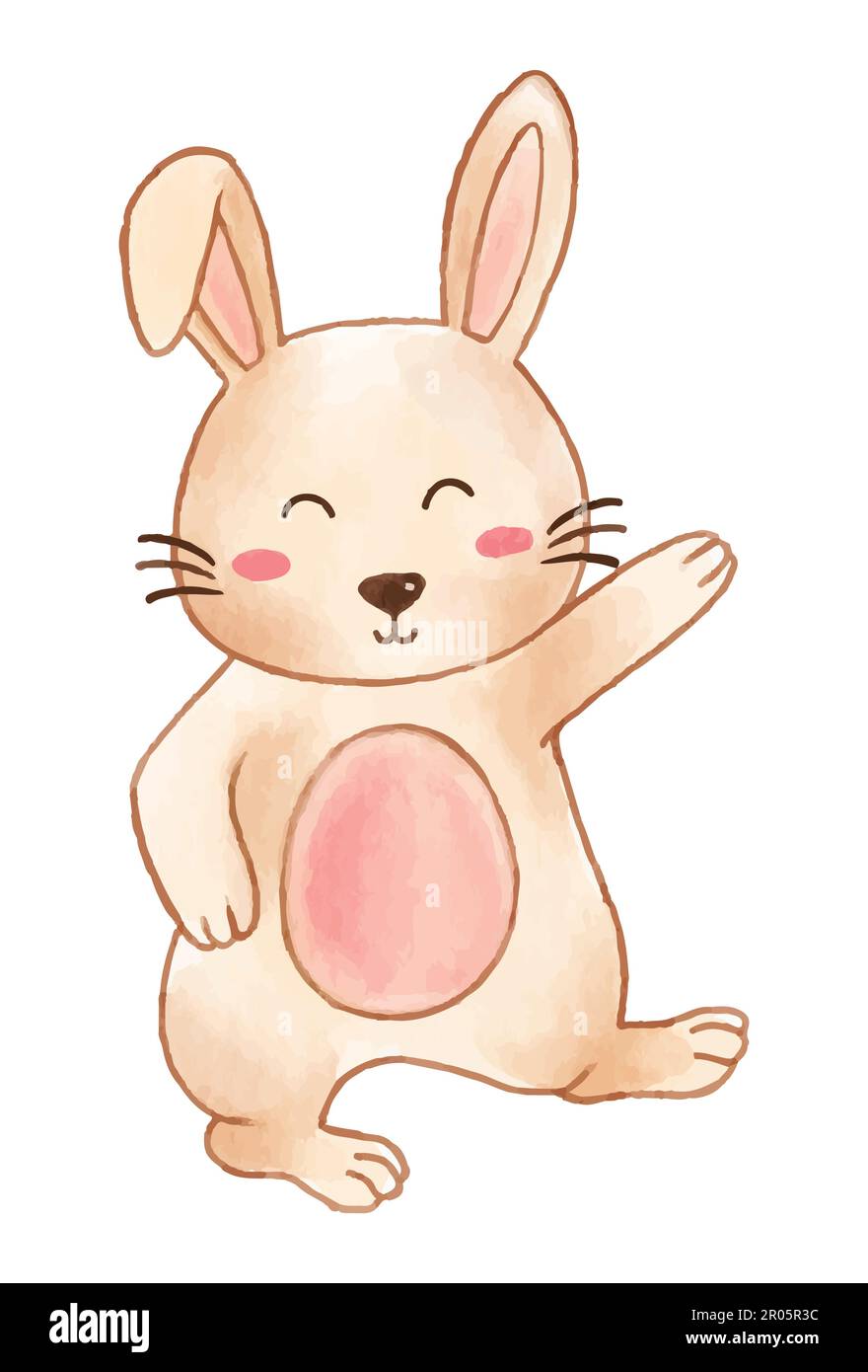 Rabbit is standing and raising hand . Watercolor paint design . Cute
