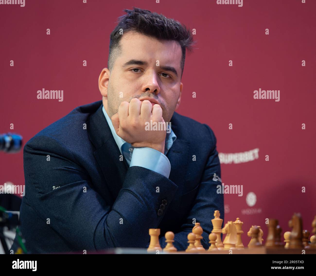 Bucharest, Romania. 6th May, 2023: Ian Nepomniachtchi, Russian chess  grandmaster, during the game against Romanian chess grandmaster Richard  Rapport (not in picture) in the first round of Superbet Chess Classic  Romania 2023