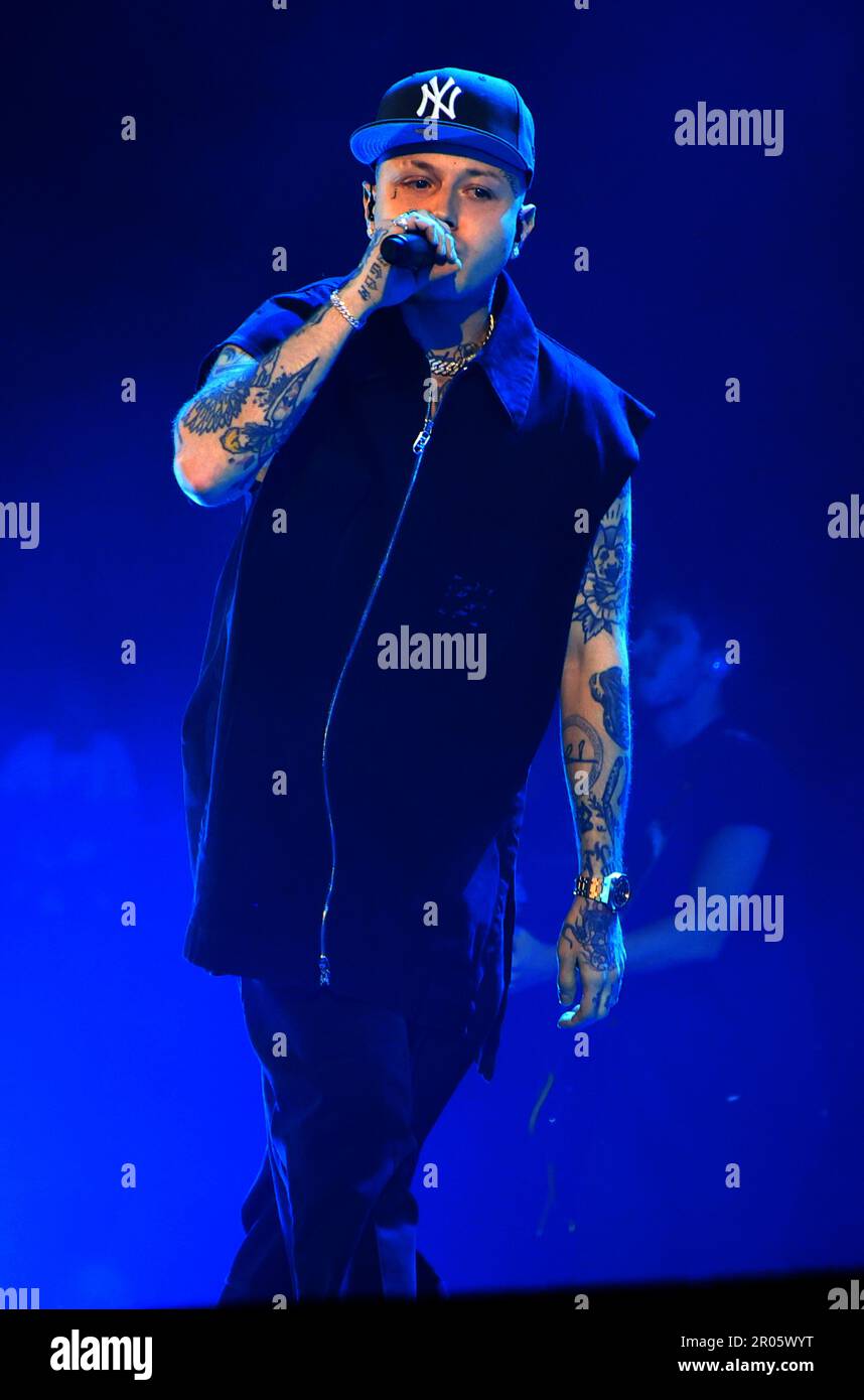 Italian singer rapper Lazza performing on stage at UnipolArena Stock ...