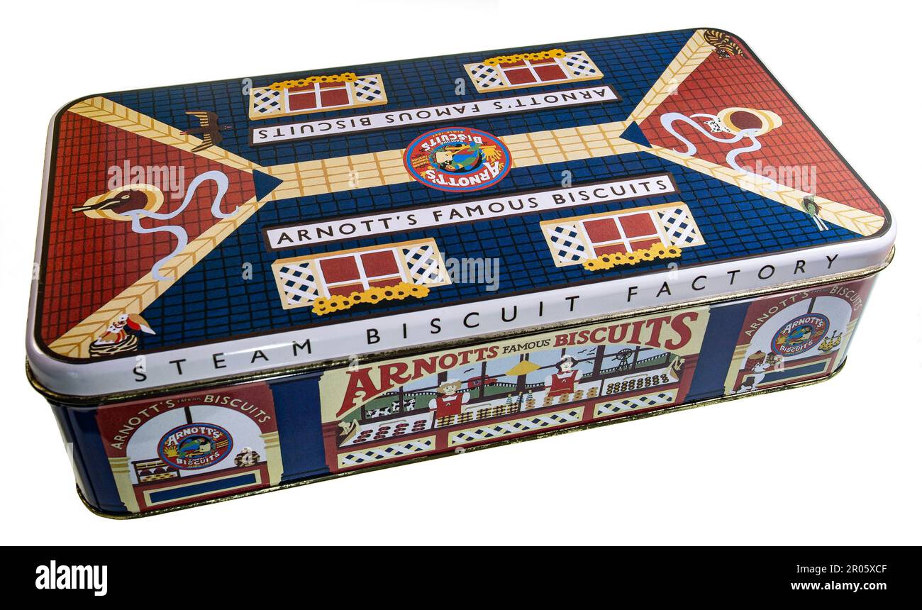 1996 Vintage biscuit tin box with classical William Arnotts Steam Biscuit Factory Stock Photo