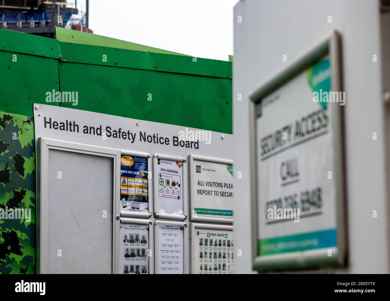 London. UK- 05.04.2023. A health and safety notice board by the entrance to a construction site. Stock Photo