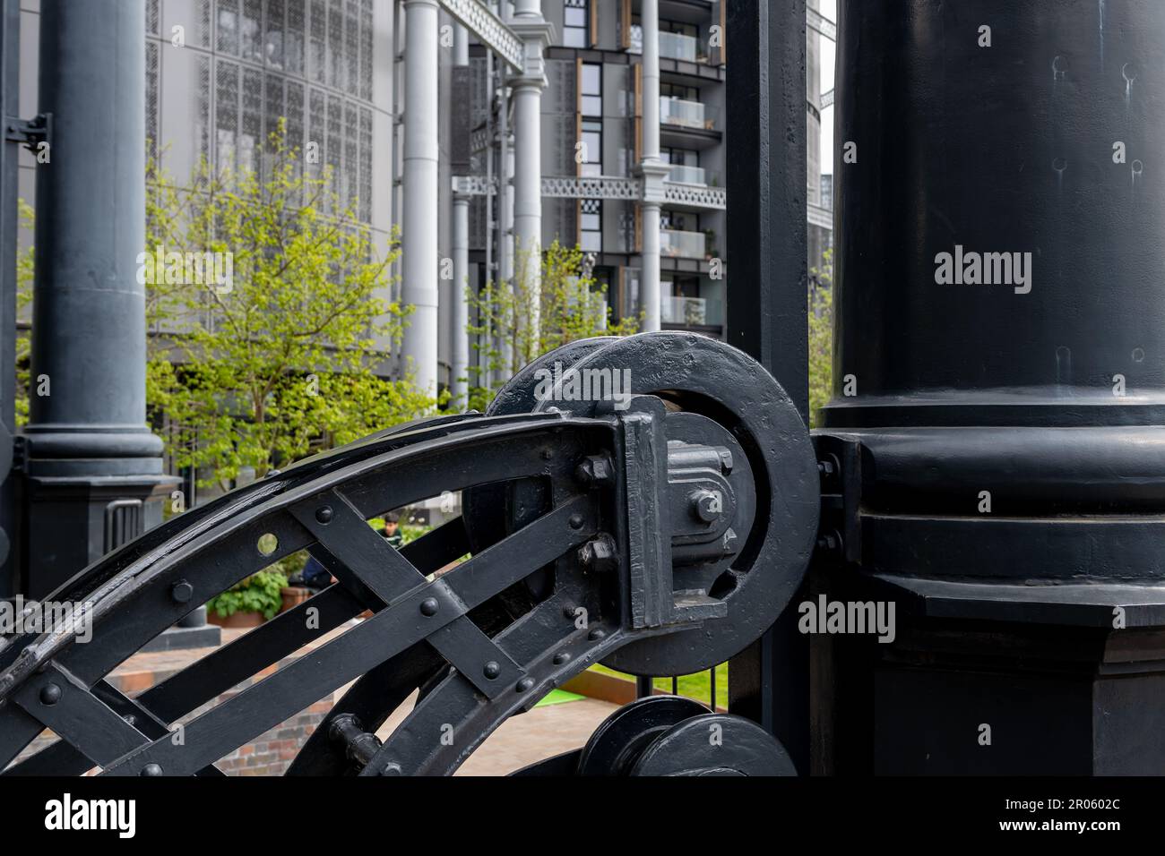 London. UK- 05.04.2023. A detail of Gasholder Park in King's Cross. A open recreation space built within the structure of a decommission gas storage t Stock Photo