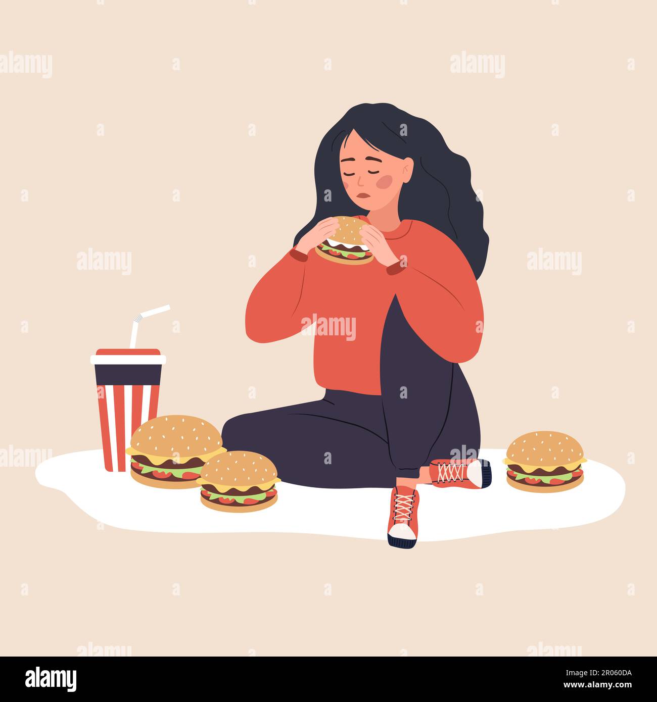 Eating disorder. Depressed woman eating fast food. Concept of extreme