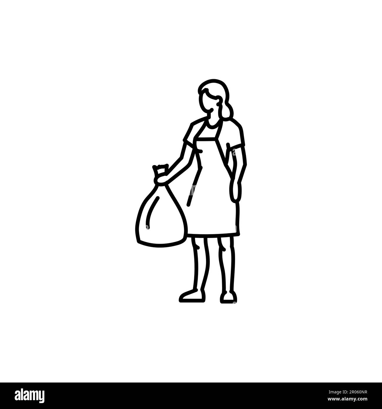 Cleaner takes out the trash black line icon. Pictogram for web page, mobile app, promo. Stock Vector