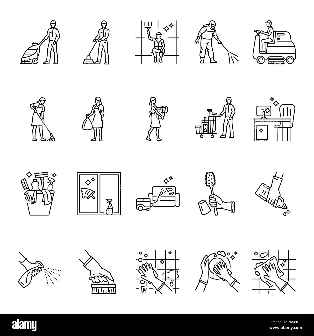 Cleaning service black line icons set. Pictograms for web page, mobile app, promo. Stock Vector