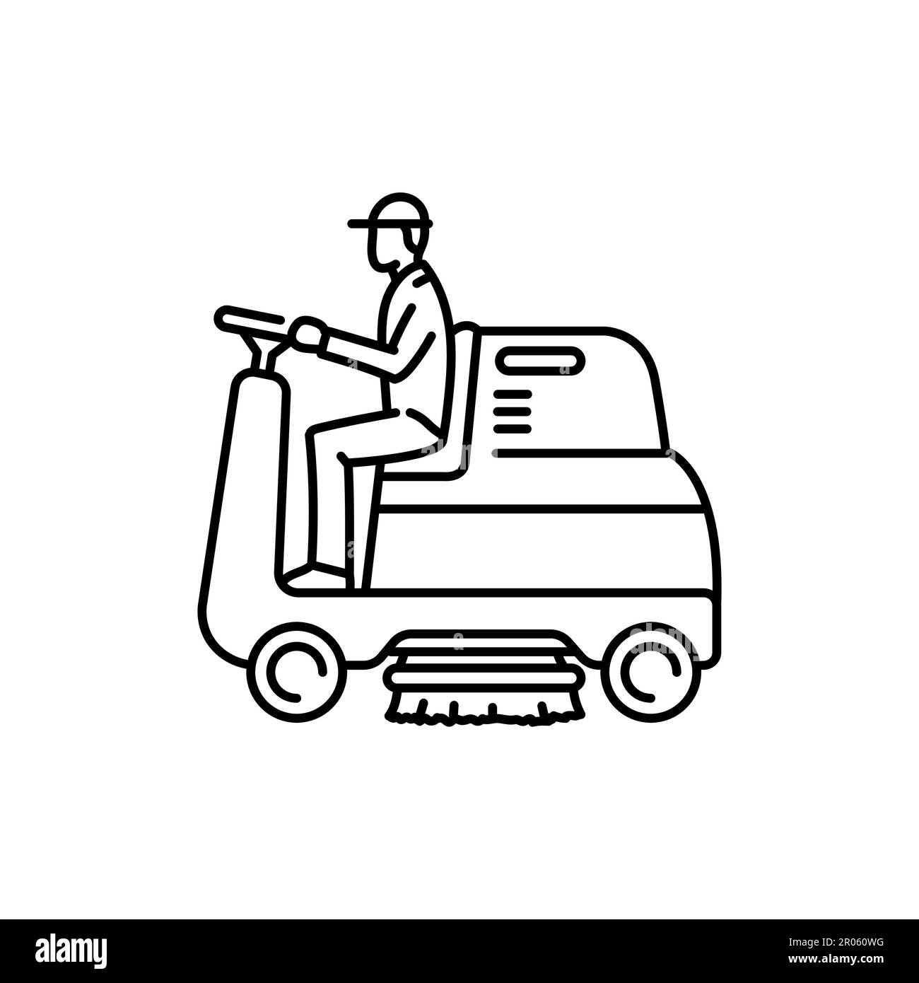 Man on car sweeper black line icon. Cleaning company. Pictogram for web