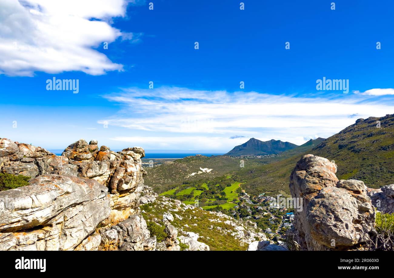 Coastal mountain landscape with fynbos flora in Fish Hoek, Cape Town. Stock Photo