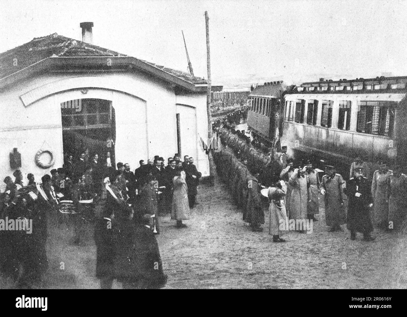 Arrival of King Ferdinand to Varna to view the Russian floating exhibition. Photo from 1910. Stock Photo