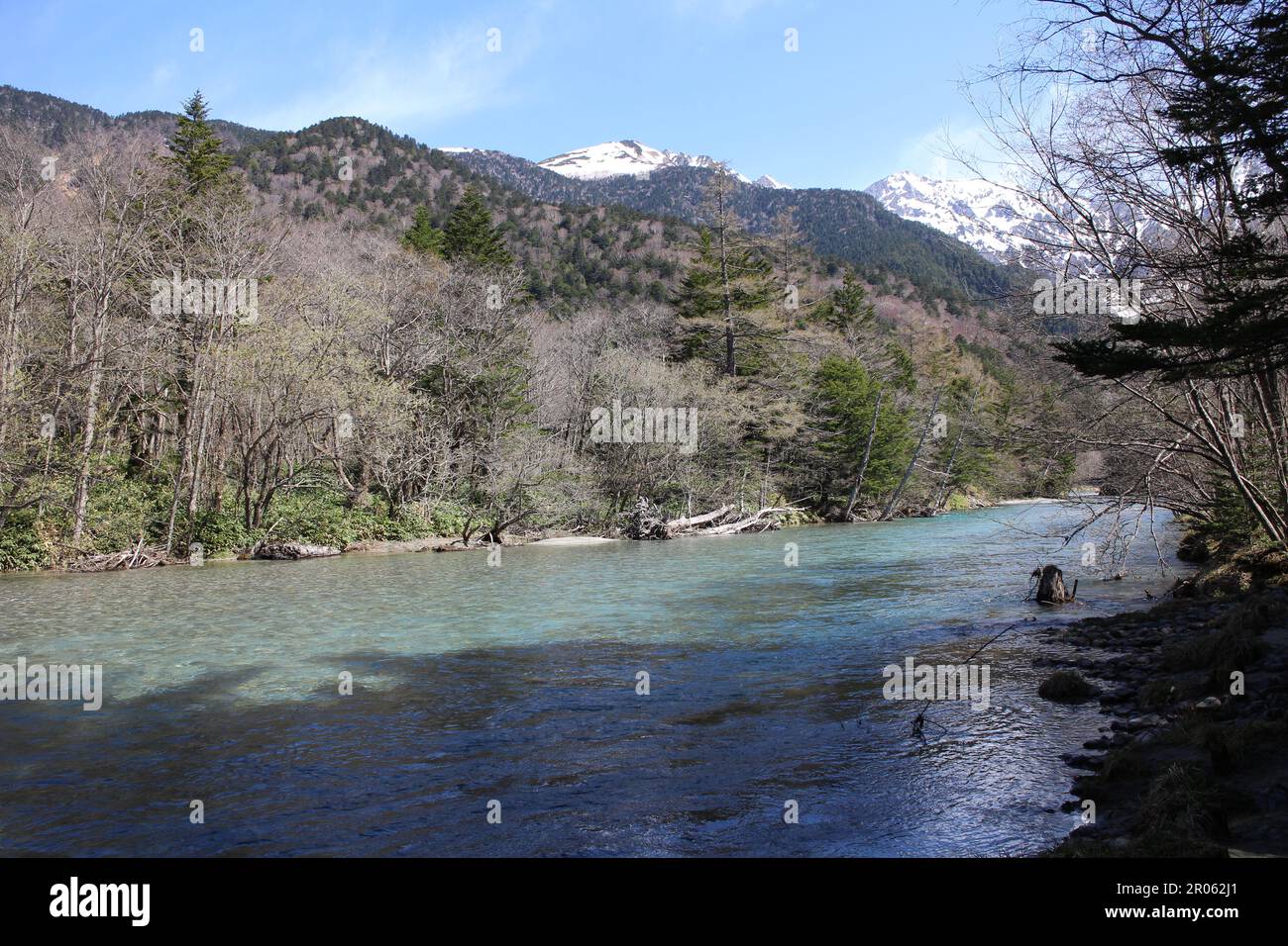 The clear Azusa River in Kamikochi, Japan Stock Photo