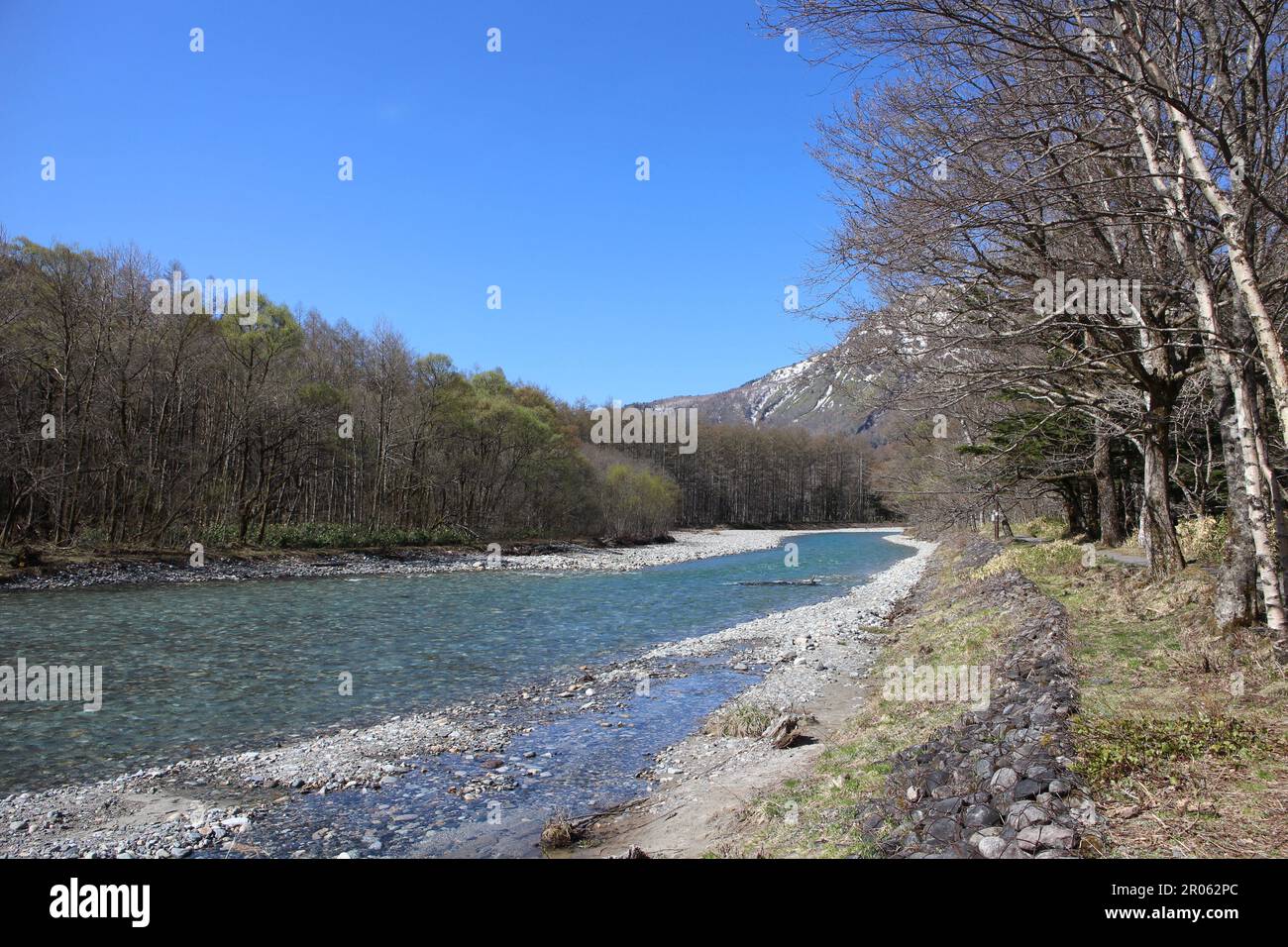 The clear Azusa River in Kamikochi, Japan Stock Photo