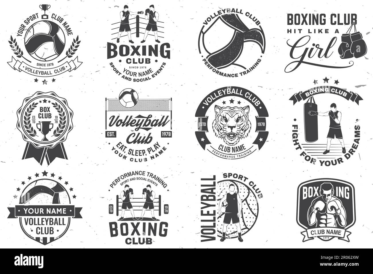 Set of Boxing club and Volleyball club badge, logo design. Vector