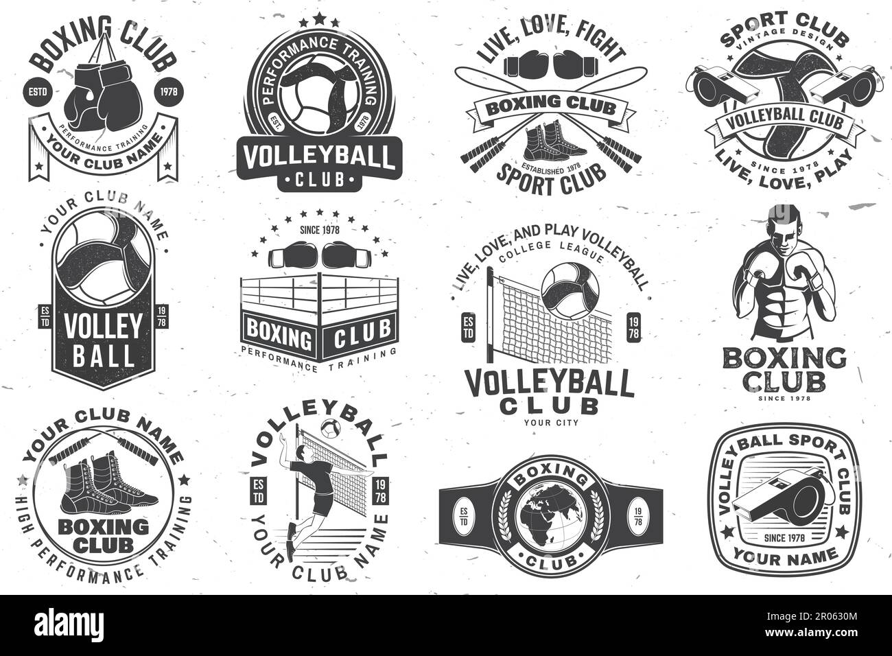 Set of Boxing club and Volleyball club badge, logo design. Vector ...