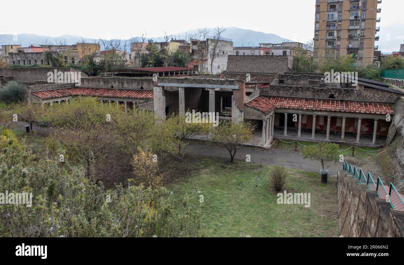 Excavations of Oplontis, in Torre Annunziata, example of a lavish roman villa , the villa poppea, covered during the eruption of Mount Vesuvius 79 AD. Stock Photo