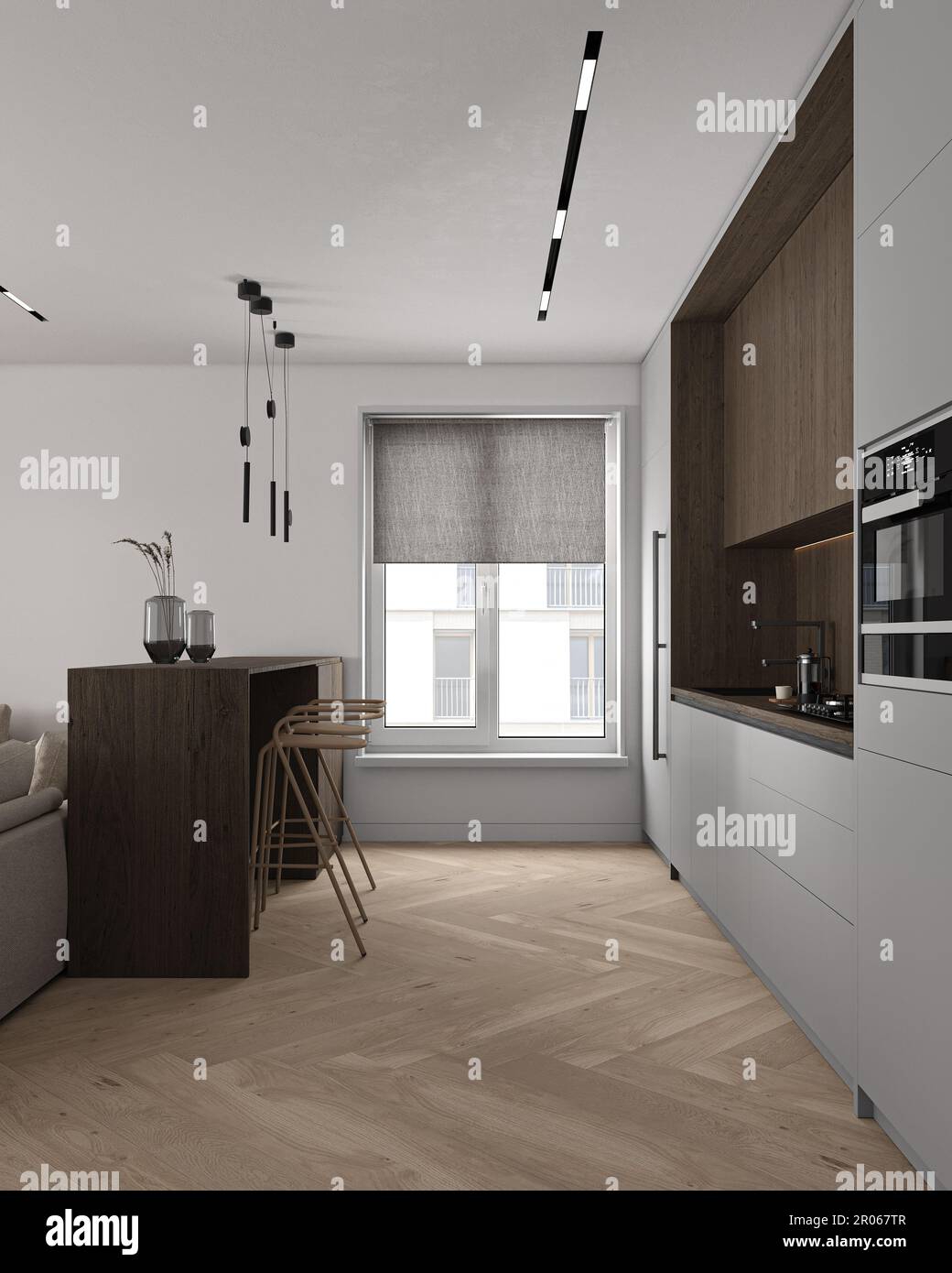 Modern minimalist style apartment kitchen interior design. Ceiling with ...