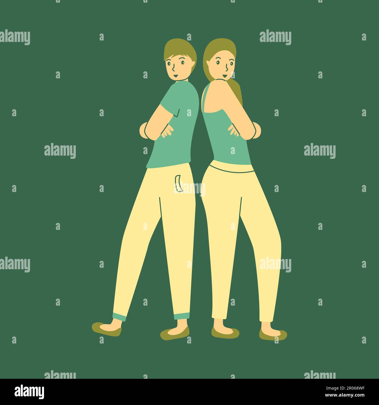 Guy and girl stand with their backs to each other, arms crossed over