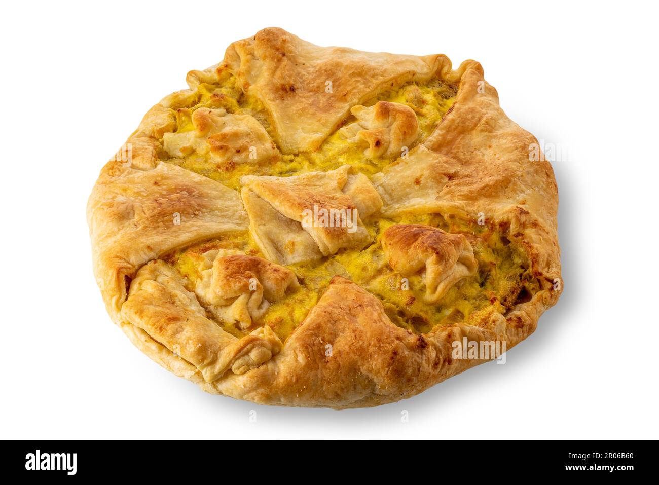 Crispy pie with artichokes, cheese and egg. Salty tart isolated on white with clipping path included Stock Photo