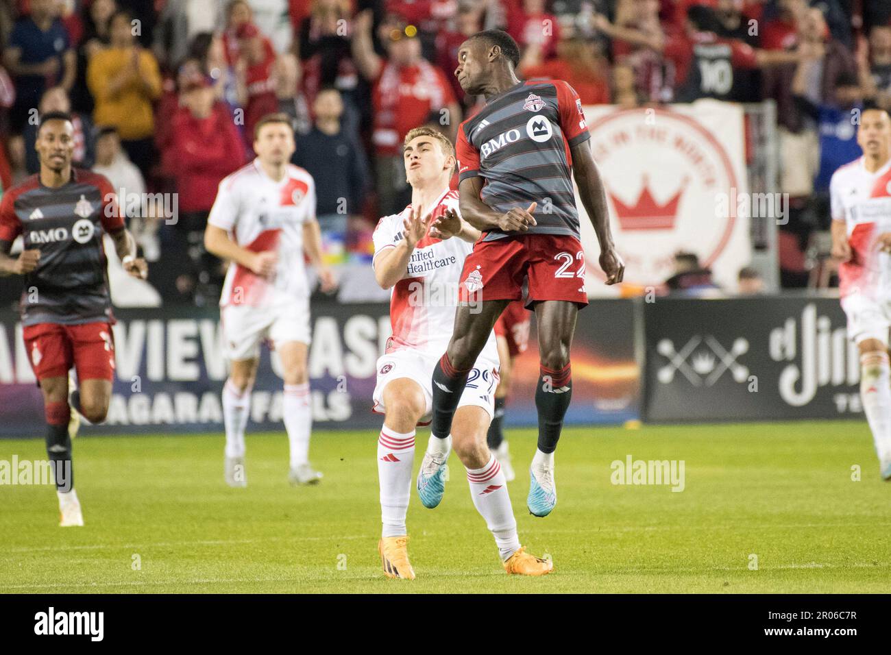 Toronto, Canada. 06th May, 2023. Richie Laryea #22 (R) and Noel Buck #29 (L) in action during the MLS game between Toronto FC and New England Revolution at BMO field in Toronto. The game ended 0-2 (Photo by Angel Marchini/SOPA Images/Sipa USA) Credit: Sipa USA/Alamy Live News Stock Photo