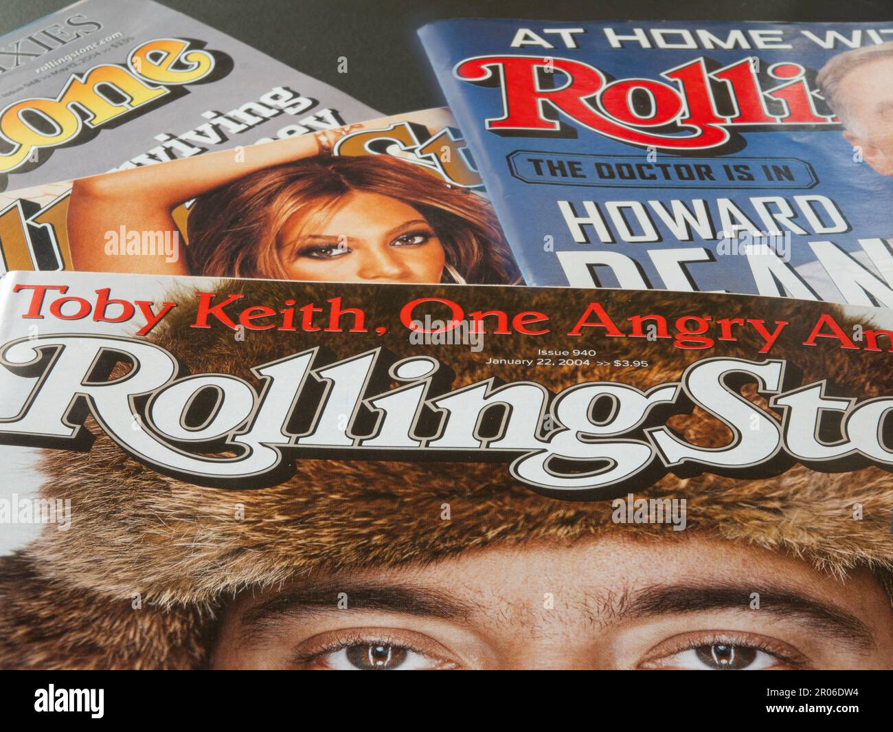 Close up of Rolling Stone paper print music magazine covers. Founded in San Francisco, California, 1967. Copenhagen, Denmark - May 7, 2023. Stock Photo