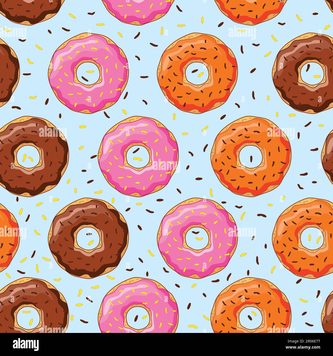 Donuts with pink, chocolate and orange glaze on blue background. Stock Vector