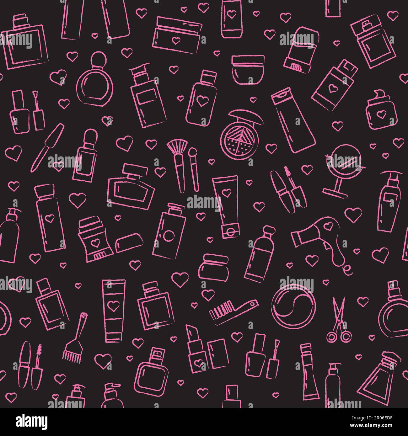 Seamless pattern with cosmetics, perfume, mirror, lipstick, mascara. Stock Vector