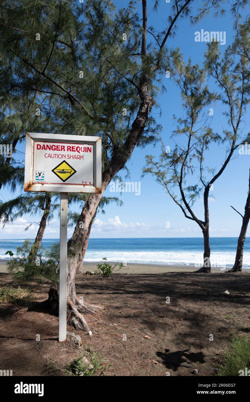Beach Safety Information at La Réunion Island,La Réunion, France, Shark Warning, Stock Photo