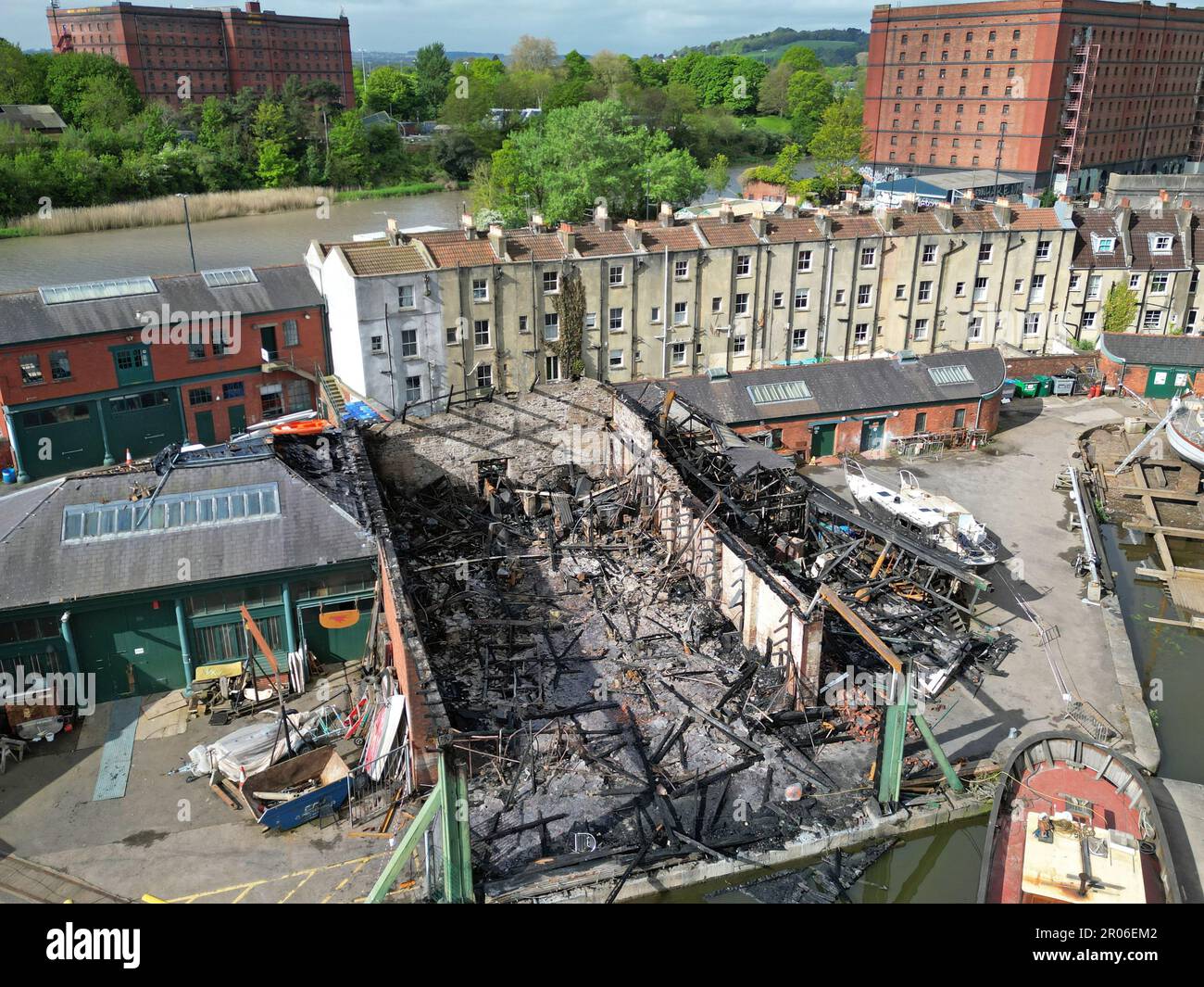 Bristol, UK. 07th May, 2023. Day after huge fire destroys Underfall boat yard residents were