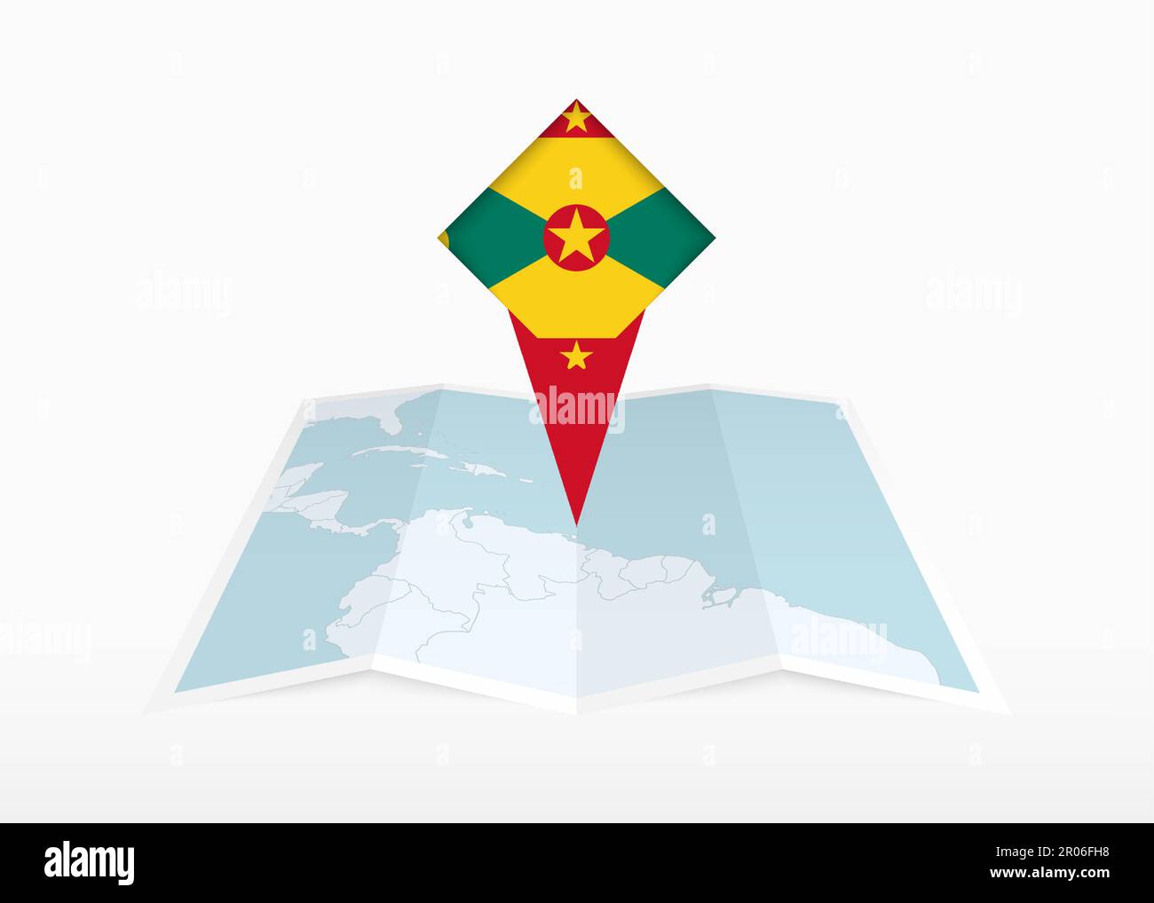 Grenada is depicted on a folded paper map and pinned location marker with flag of Grenada. Folded vector map. Stock Vector