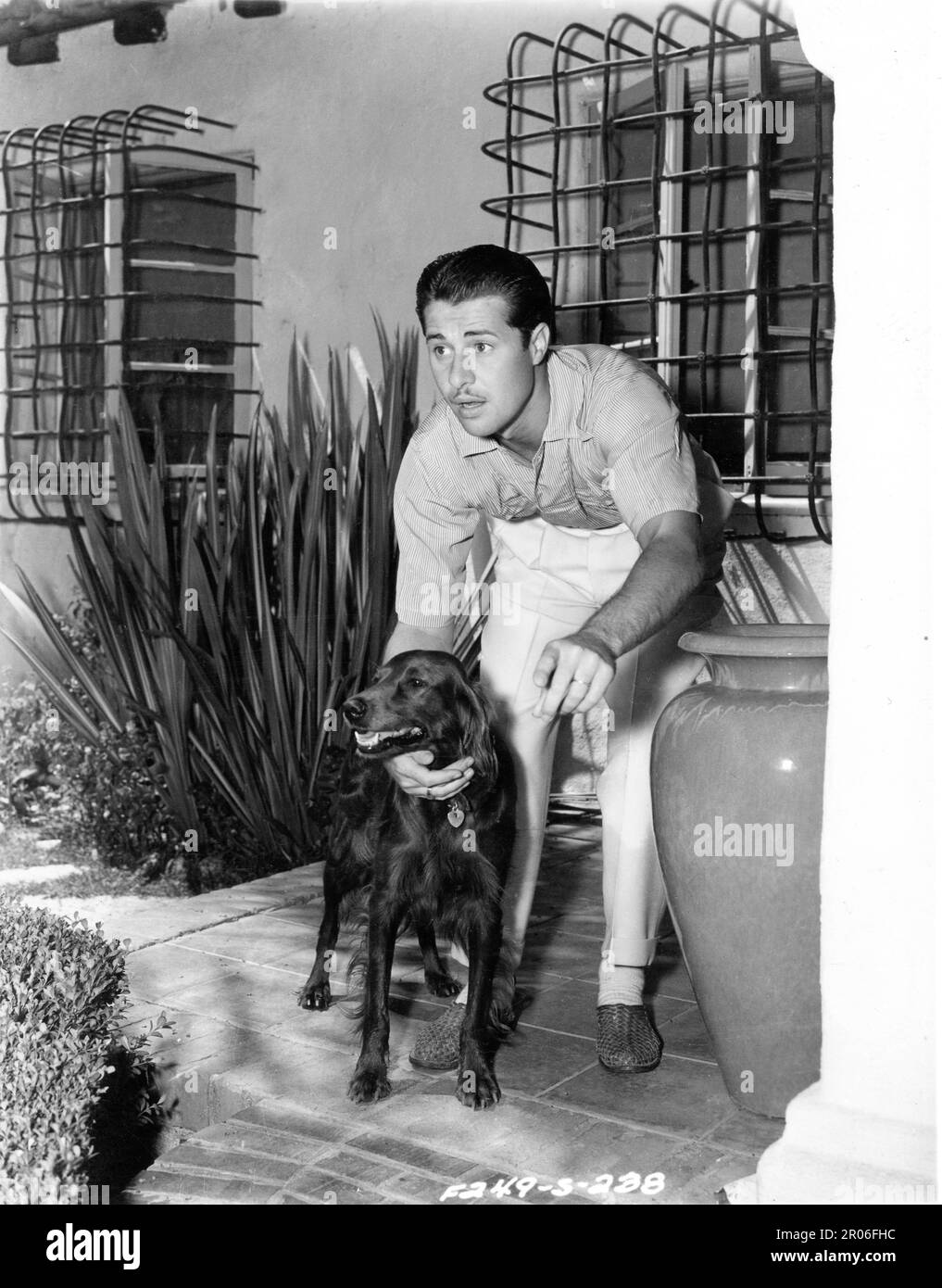 DON AMECHE 1939 candid portrait at Home with his Dog publicity for Twentieth Century Fox Stock Photo