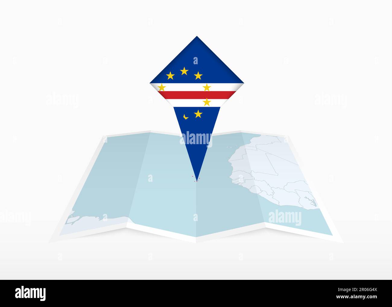 Cape Verde is depicted on a folded paper map and pinned location marker with flag of Cape Verde. Folded vector map. Stock Vector