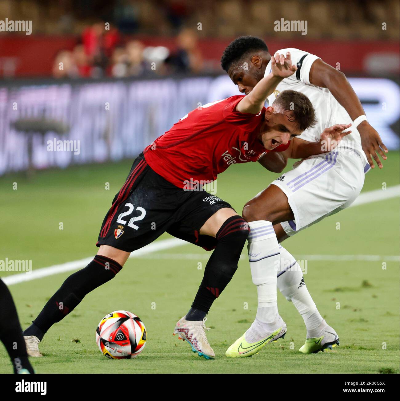 Aurelien Tchouameni of Real Madrid and Ante Budimir of CA Osasuna during  the Copa del Rey match between Real Madrid and CA Osasuna played at La  Cartuja Stadium on May 6, 2023