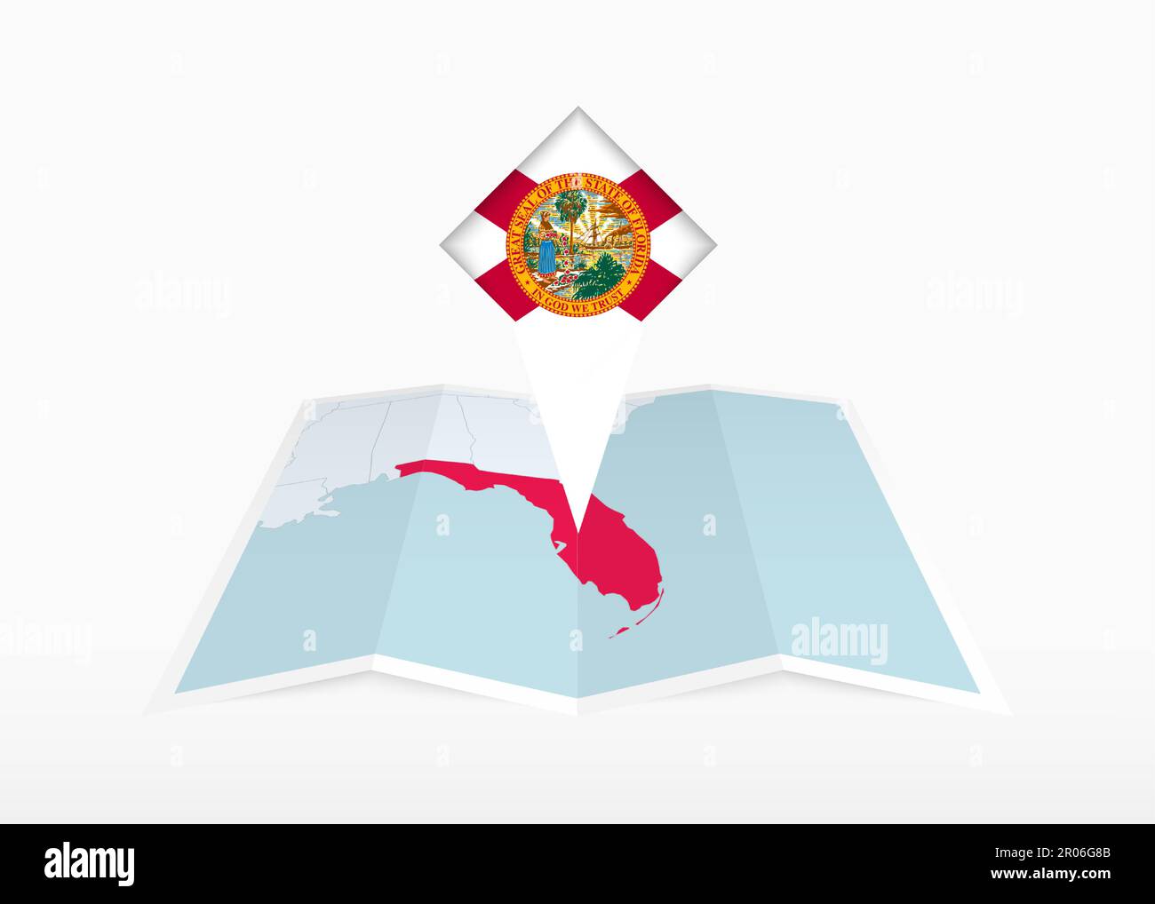 Florida is depicted on a folded paper map and pinned location marker