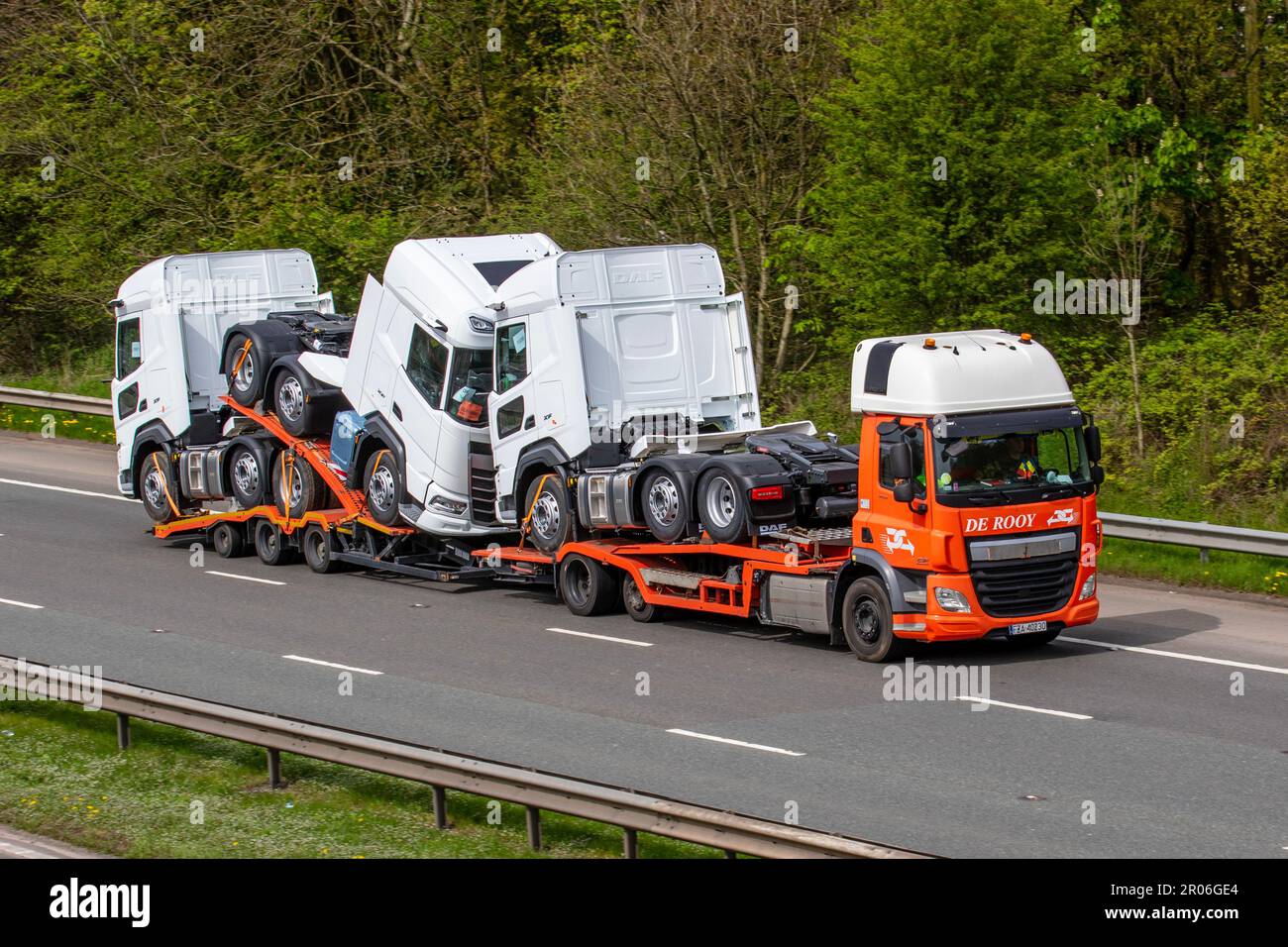 De Rooy Leyland Haulage delivery trucks, lorry, transportation, truck, cargo carrier, new DAF vehicle, European commercial transport, industry, M61 at Manchester, UK Stock Photo