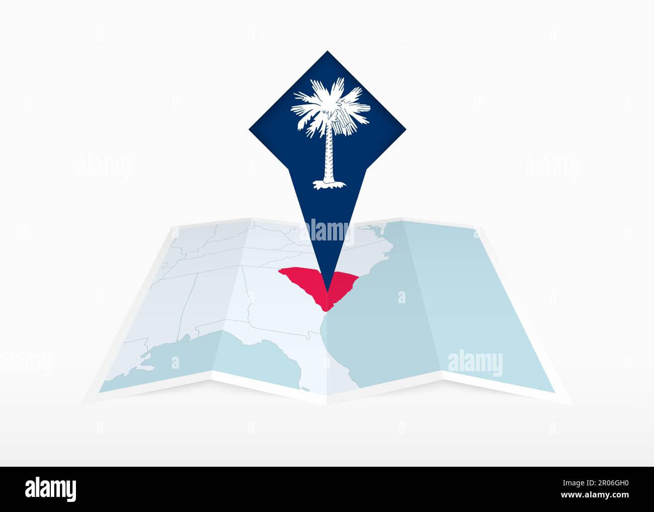 South Carolina is depicted on a folded paper map and pinned location marker with flag of South Carolina. Folded vector map. Stock Vector