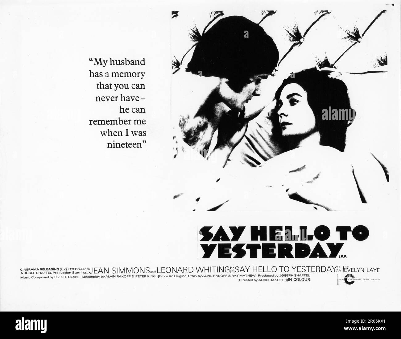 Artwork for British Quad Poster for JEAN SIMMONS and LEONARD WHITING in SAY HELLO TO YESTERDAY 1971 director ALVIN RAKOFF original story Alvin Rakoff and Ray Mathew screenplay Alvin Rakoff and Peter King cinematographer Geoffrey Unsworth music Riz Ortalani Josef Shaftel Productions Inc. Cinerama Releasing (UK) Ltd Stock Photo