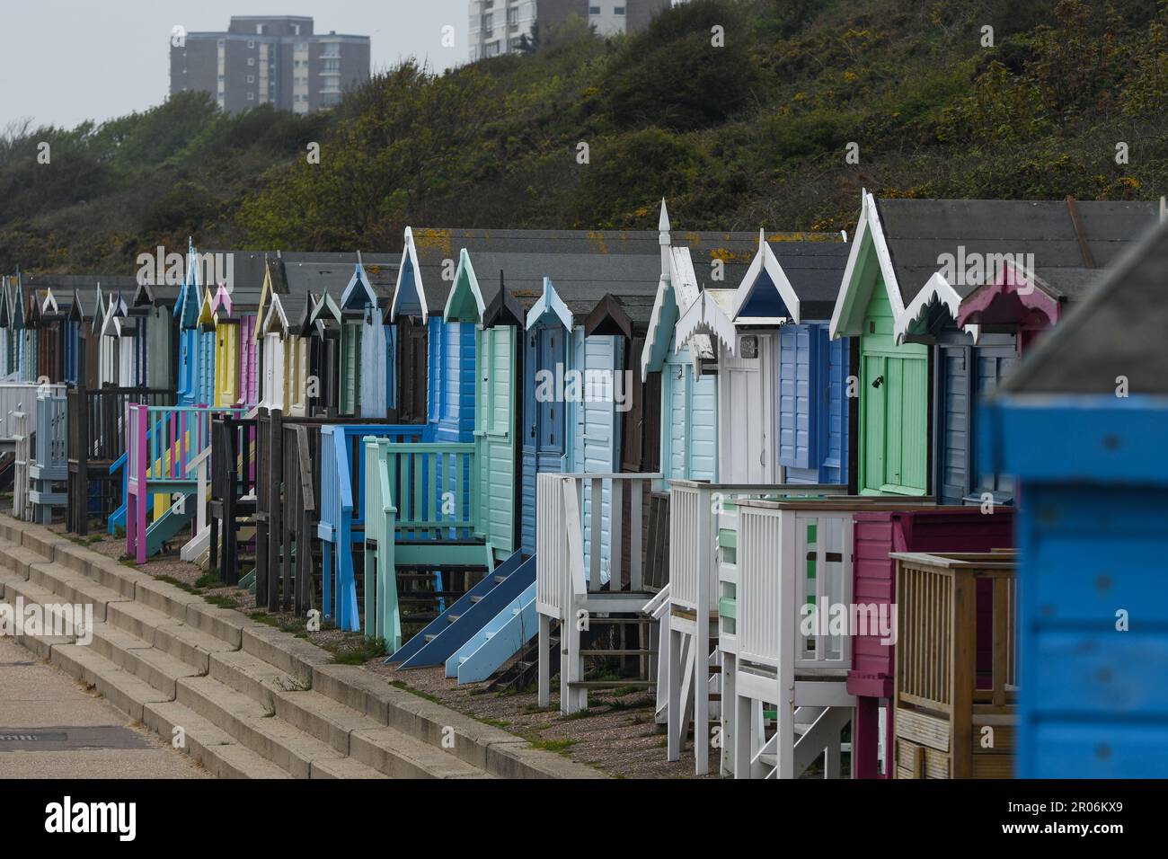 Beach huts Frinton-on-Sea and Walton-on-the-Naze Stock Photo