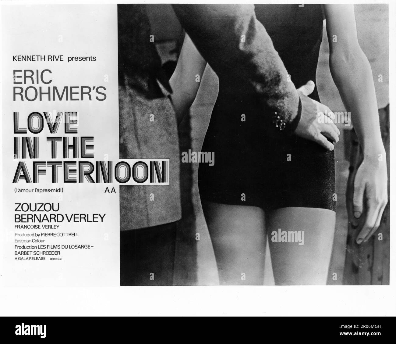 Artwork for British Quad Poster for ZOUZOU and BERNARD VERLEY in LOVE IN THE AFTERNOON / L'AMOUR L'APRES MIDI / CHLOE IN THE AFTERNOON 1972 director / writer ERIC ROHMER Les Films du Losange presenter Kenneth Rive A Gala Release Stock Photo