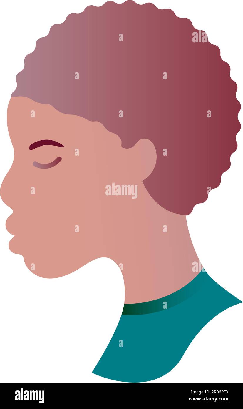African American child face profile with closed eyes. Young African teen teenager with traditional short hairstyle curly hair. Avatar of boy with dark Stock Vector