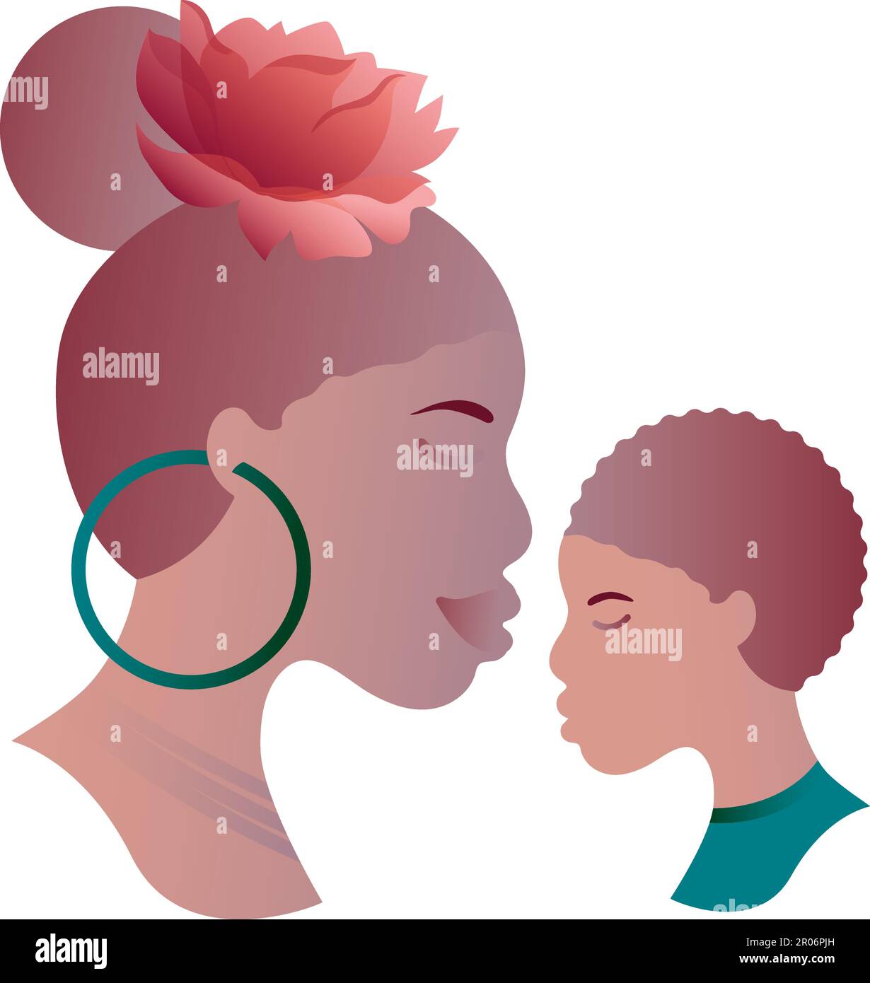 African American woman and young son face profile gently look at each other. Happy Mothers Day. Young African family. Avatar of woman and boy with dar Stock Vector