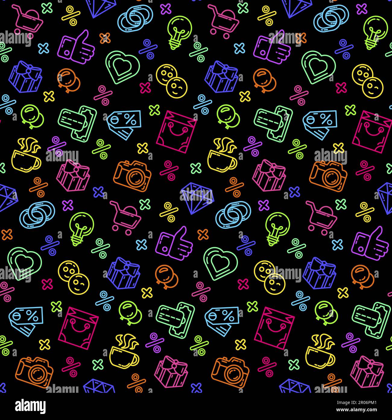 Shopping Sale seamless pattern with shopping bag, discount, gift surprise box with bow, cash and bank card. Ornament for printing on fabric, cover and Stock Vector